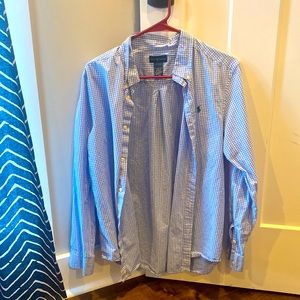 blue and white button up. XL